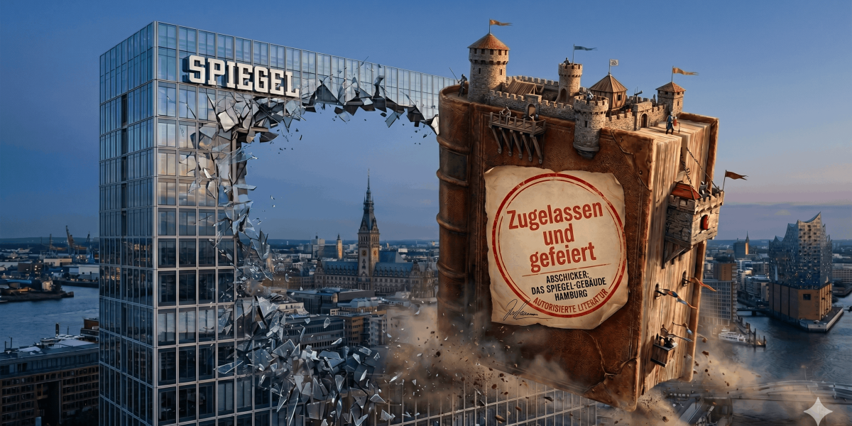 Ein buchgroßes Schloss durchbricht ein Glasgebäude mit der Aufschrift "Spiegel". Scherben fliegen, im Hintergrund ist Hamburg zu sehen.