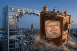 Ein buchgroßes Schloss durchbricht ein Glasgebäude mit der Aufschrift "Spiegel". Scherben fliegen, im Hintergrund ist Hamburg zu sehen.