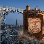 Ein buchgroßes Schloss durchbricht ein Glasgebäude mit der Aufschrift "Spiegel". Scherben fliegen, im Hintergrund ist Hamburg zu sehen.