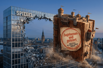 Ein buchgroßes Schloss durchbricht ein Glasgebäude mit der Aufschrift "Spiegel". Scherben fliegen, im Hintergrund ist Hamburg zu sehen.
