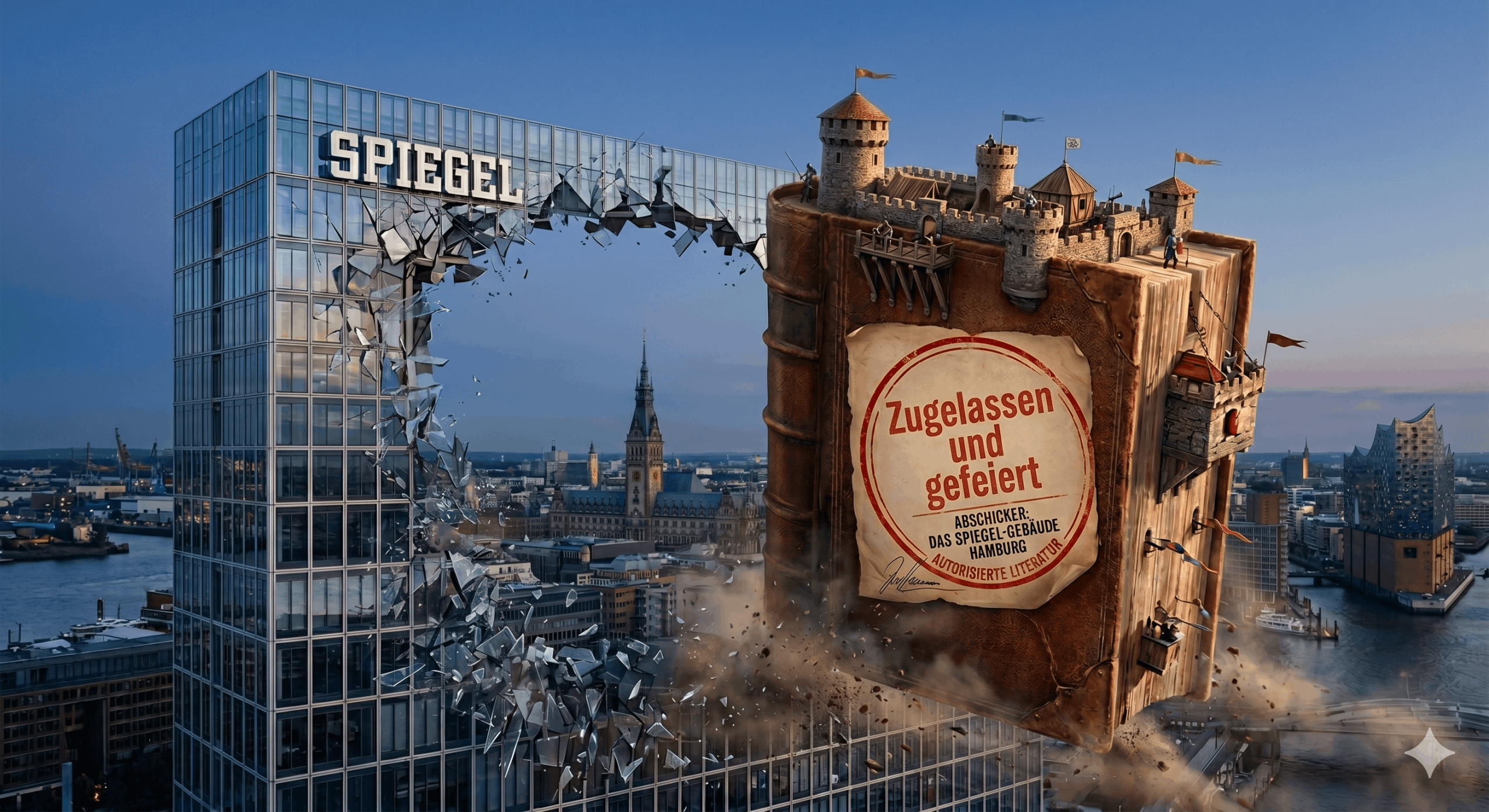 Ein buchgroßes Schloss durchbricht ein Glasgebäude mit der Aufschrift "Spiegel". Scherben fliegen, im Hintergrund ist Hamburg zu sehen.