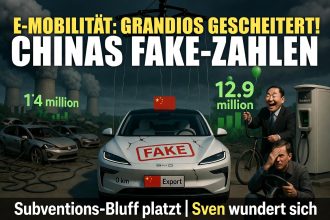 Illustration mit dem Titel 'E-Mobilität: Grandios Gescheitert! Chinas Fake-Zahlen'. Ein weißes Elektroauto mit der Aufschrift 'FAKE' auf der Motorhaube steht im Fokus, daran befestigt ist eine chinesische Flagge. Im Hintergrund rauchen Schornsteine aus Kühltürmen, mehrere kaputte Autos liegen herum und an der Seite steht eine Ladestation. Ein lachender asiatischer Mann mit einem Fahrrad und ein niedergeschlagener Mann am Steuer eines Autos sind abgebildet, dazu Zahlen wie '1.4 million' und '12.9 million'.