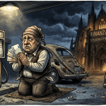 Ein trauriger Mann mit Schlafhaube kniet vor einer Tankstelle und hält Euroscheine, während im Hintergrund ein Finanzamt im gotischen Stil steht.