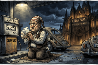 Ein trauriger Mann mit Schlafhaube kniet vor einer Tankstelle und hält Euroscheine, während im Hintergrund ein Finanzamt im gotischen Stil steht.