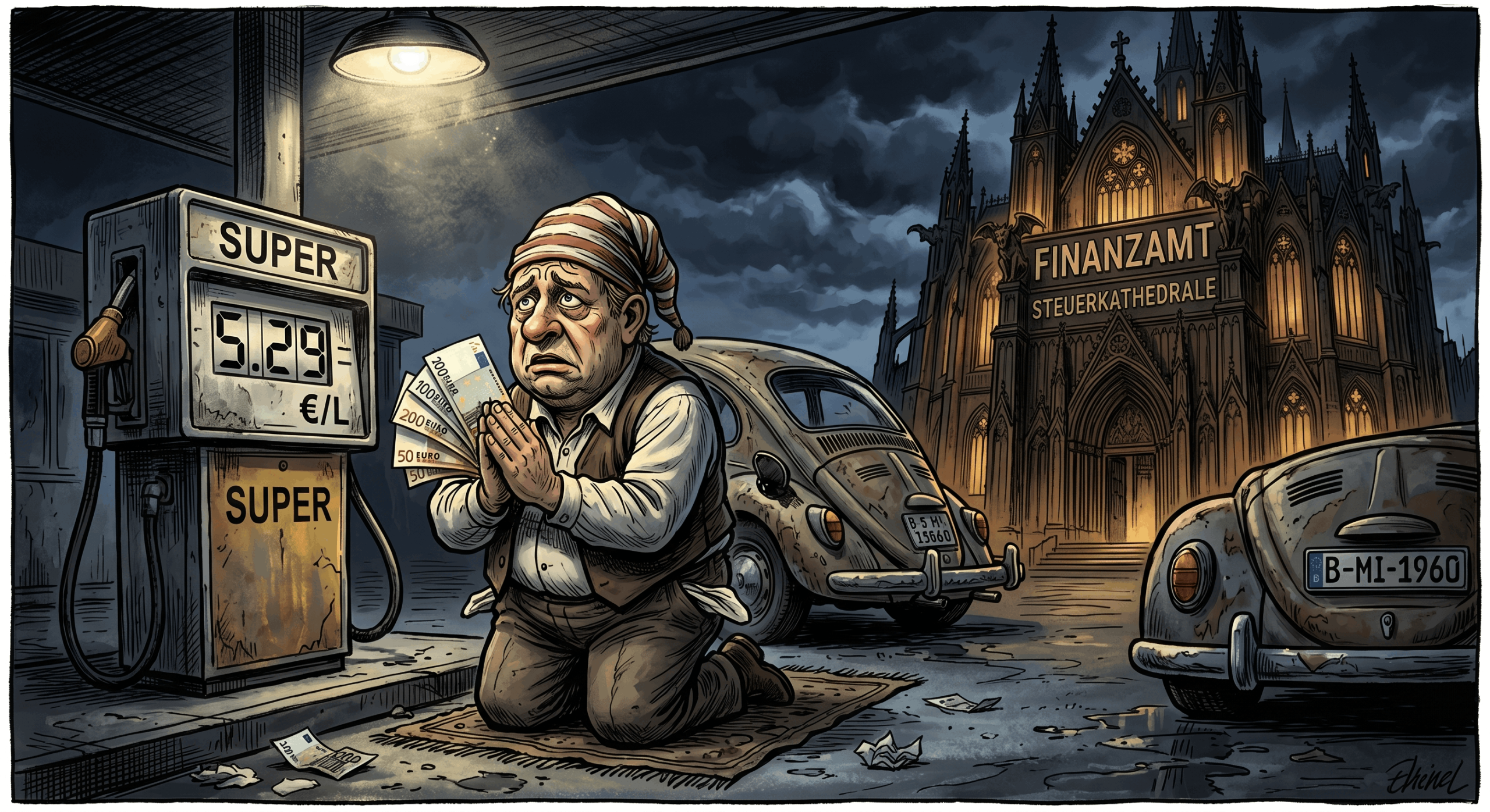 Ein trauriger Mann mit Schlafhaube kniet vor einer Tankstelle und hält Euroscheine, während im Hintergrund ein Finanzamt im gotischen Stil steht.