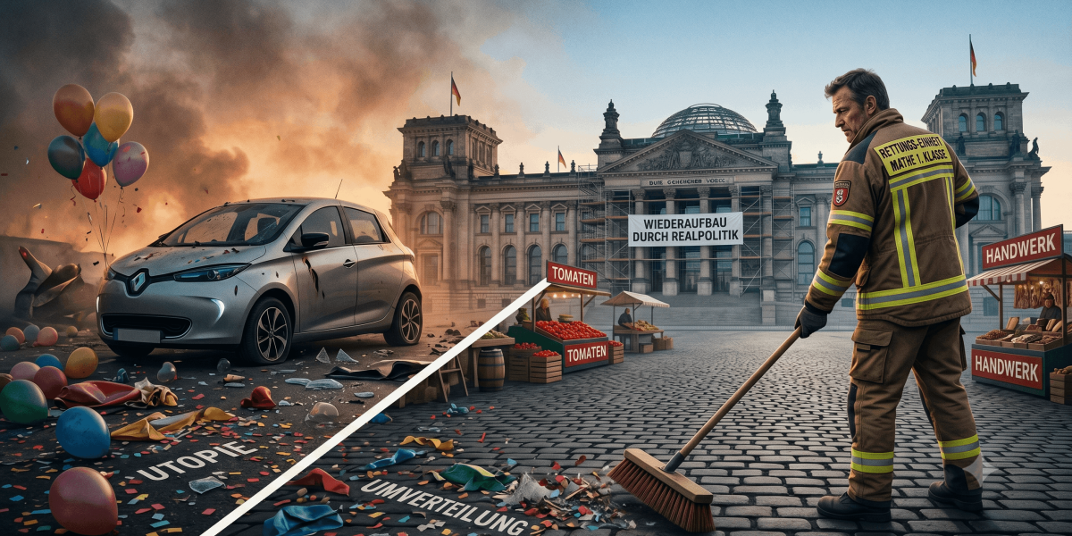 Ein Feuerwehrmann reinigt vor dem Reichstagsgebäude, während auf der linken Seite "Utopie" und "Umverteilung" mit Luftballons und Konfetti dargestellt sind. "Wiederaufbau durch Realpolitik" steht über dem Gebäude.
