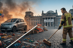 Ein Feuerwehrmann reinigt vor dem Reichstagsgebäude, während auf der linken Seite "Utopie" und "Umverteilung" mit Luftballons und Konfetti dargestellt sind. "Wiederaufbau durch Realpolitik" steht über dem Gebäude.