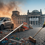 Ein Feuerwehrmann reinigt vor dem Reichstagsgebäude, während auf der linken Seite "Utopie" und "Umverteilung" mit Luftballons und Konfetti dargestellt sind. "Wiederaufbau durch Realpolitik" steht über dem Gebäude.