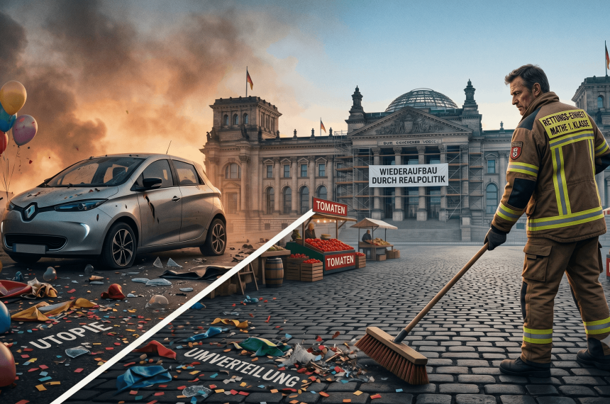 Ein Feuerwehrmann reinigt vor dem Reichstagsgebäude, während auf der linken Seite "Utopie" und "Umverteilung" mit Luftballons und Konfetti dargestellt sind. "Wiederaufbau durch Realpolitik" steht über dem Gebäude.