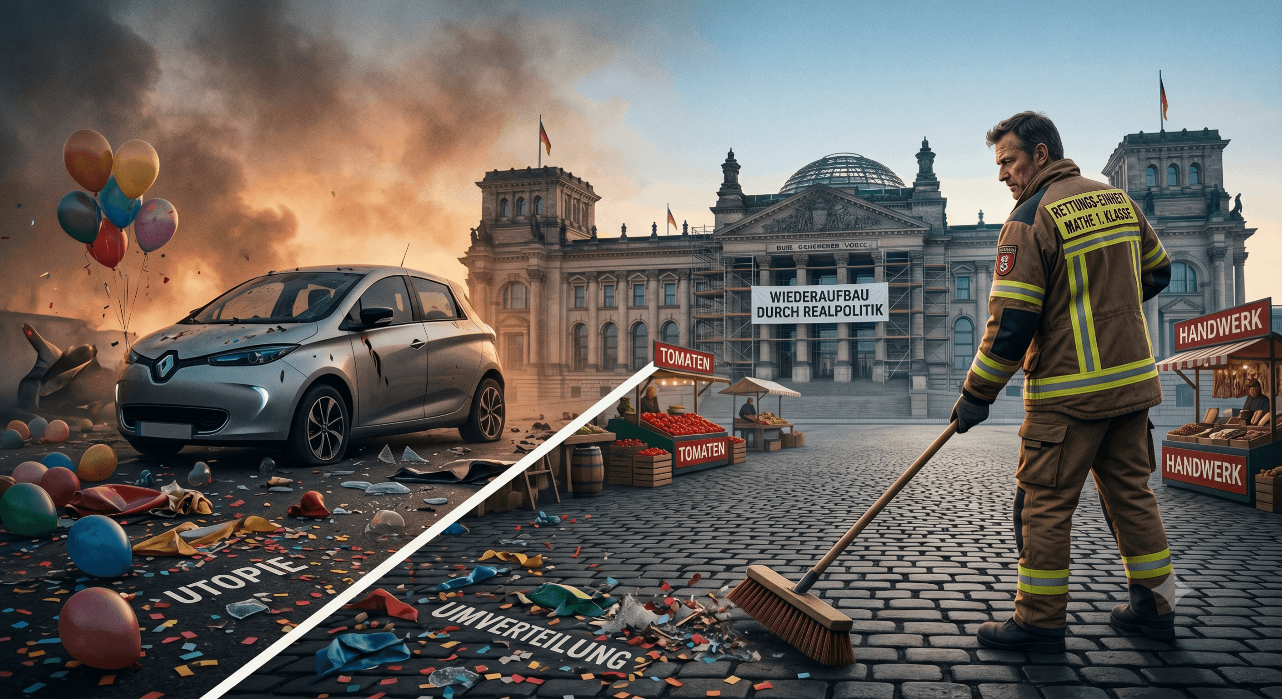 Ein Feuerwehrmann reinigt vor dem Reichstagsgebäude, während auf der linken Seite "Utopie" und "Umverteilung" mit Luftballons und Konfetti dargestellt sind. "Wiederaufbau durch Realpolitik" steht über dem Gebäude.