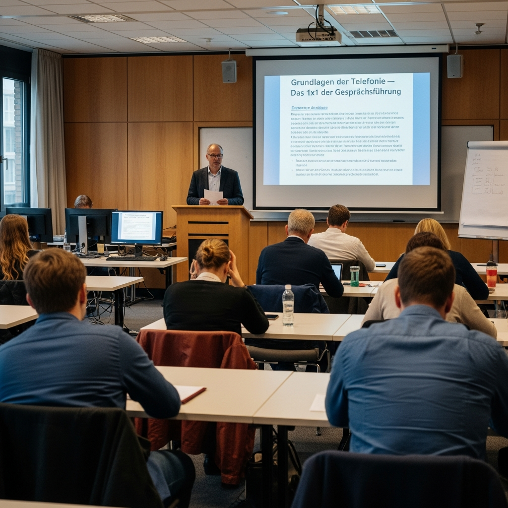 Ein Dozent steht an einem Rednerpult und präsentiert vor einer Gruppe von Zuhörern, die an Tischen sitzen und auf eine Leinwand mit Text blicken.