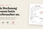 Kassenbon mit Posten wie Stahl (CBAM), Miete, Neuwagen und Heizöl ab 2028, Summe unbekannt, daneben die Überschrift „Die Rechnung kommt beim Verbraucher an“