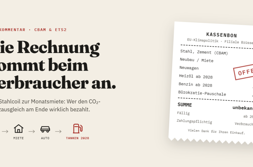 Kassenbon mit Posten wie Stahl (CBAM), Miete, Neuwagen und Heizöl ab 2028, Summe unbekannt, daneben die Überschrift „Die Rechnung kommt beim Verbraucher an“