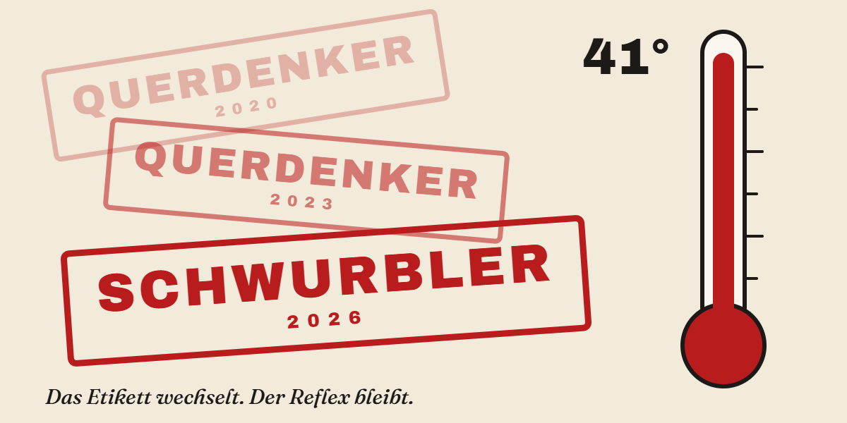 Stempel mit den Aufschriften Querdenker 2020, Querdenker 2023 und Schwurbler 2026 neben einem Thermometer bei 41 Grad – Symbolbild zu Karl Lauterbach und der Hitzewelle