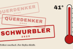 Stempel mit den Aufschriften Querdenker 2020, Querdenker 2023 und Schwurbler 2026 neben einem Thermometer bei 41 Grad – Symbolbild zu Karl Lauterbach und der Hitzewelle