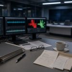 Redaktionstisch mit Bildschirmen, Stempel Wahr und Falsch, daneben ein dicker Aktenordner Digitale-Medien-Staatsvertrag und ein Beitragsservice-Schreiben