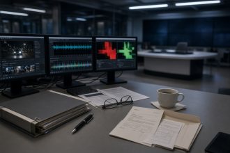 Redaktionstisch mit Bildschirmen, Stempel Wahr und Falsch, daneben ein dicker Aktenordner Digitale-Medien-Staatsvertrag und ein Beitragsservice-Schreiben