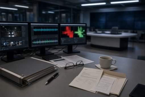 Redaktionstisch mit Bildschirmen, Stempel Wahr und Falsch, daneben ein dicker Aktenordner Digitale-Medien-Staatsvertrag und ein Beitragsservice-Schreiben