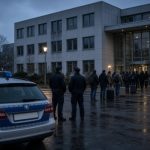 Streifenwagen und zwei Polizisten vor einer Behörde in der Dämmerung, Symbolbild zu Abschiebungen und Personalmangel