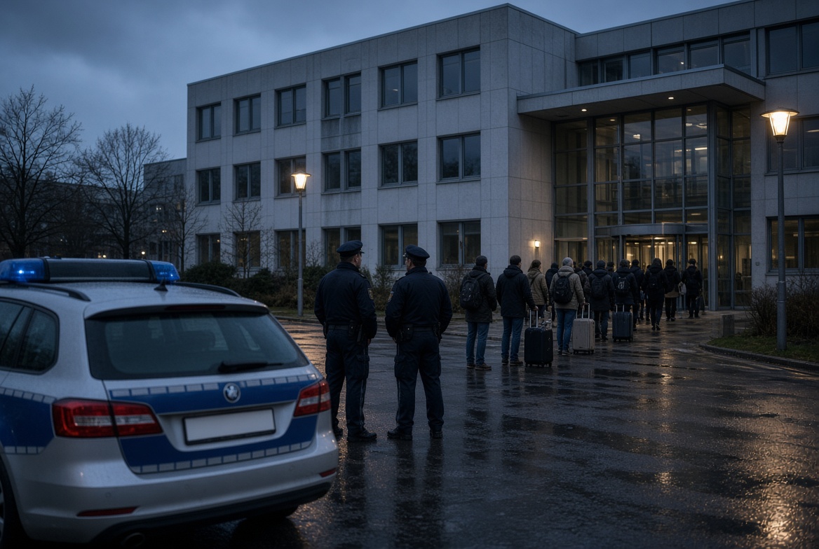 Streifenwagen und zwei Polizisten vor einer Behörde in der Dämmerung, Symbolbild zu Abschiebungen und Personalmangel