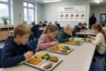 Schulmensa mit Kindern an langen Tischen. Auf den Tabletts liegen Kartoffeln, Brokkoli, Gemüseeintopf und Bratlinge, im Vordergrund auch eine Wurst. An der Wand hängt ein Speiseplan mit durchgehend vegetarischen Gerichten.