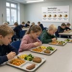 Schulmensa mit Kindern an langen Tischen. Auf den Tabletts liegen Kartoffeln, Brokkoli, Gemüseeintopf und Bratlinge, im Vordergrund auch eine Wurst. An der Wand hängt ein Speiseplan mit durchgehend vegetarischen Gerichten.
