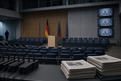 Leerer Plenarbereich mit unbesetzten Stühlen, Rednerpult und ausgeschalteten Bildschirmen. Im Vordergrund Mikrofonständer und ungelesene Zeitungen.