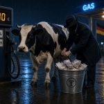 Kuh an der Tankstelle wird gemolken, Zapfpistole und Steueraufkleber MwSt Energiesteuer CO2, Symbolbild Staat kassiert am Sprit