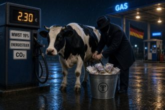 Kuh an der Tankstelle wird gemolken, Zapfpistole und Steueraufkleber MwSt Energiesteuer CO2, Symbolbild Staat kassiert am Sprit