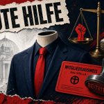 Illustration zum Blogtext: kopfloser Anzug mit roter Krawatte vor dem Reichstag, roter Mitgliedsausweis der Roten Hilfe, Stempel „Beitritt“, Waage mit roter Faust und Gerichtsakten.