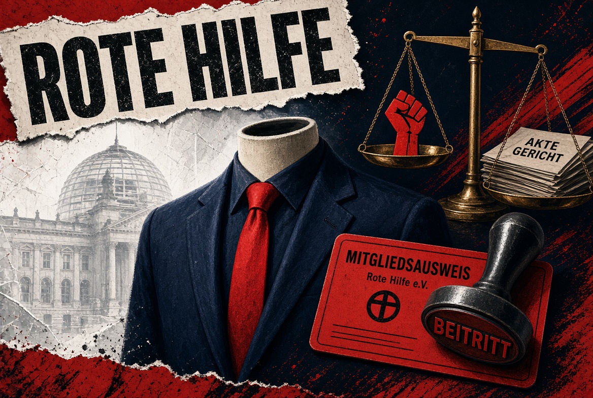 Illustration zum Blogtext: kopfloser Anzug mit roter Krawatte vor dem Reichstag, roter Mitgliedsausweis der Roten Hilfe, Stempel „Beitritt“, Waage mit roter Faust und Gerichtsakten.