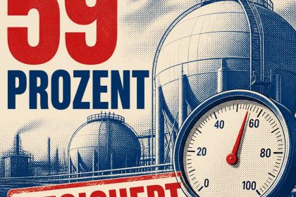 Tabloid-Illustration von Gastanks und einer Füllstandsanzeige bei etwa 59 Prozent, Text 59 PROZENT und Stempel GESICHERT.