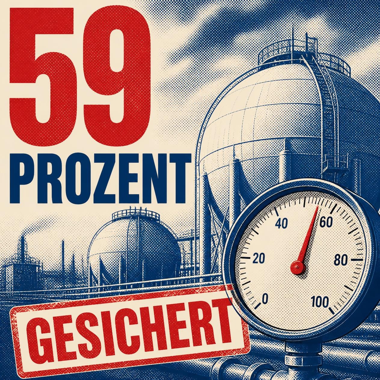 Tabloid-Illustration von Gastanks und einer Füllstandsanzeige bei etwa 59 Prozent, Text 59 PROZENT und Stempel GESICHERT.