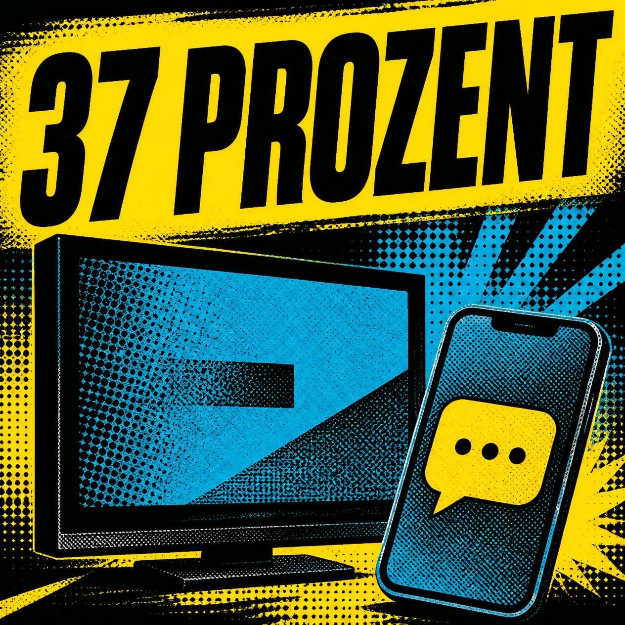 Tabloid-Illustration mit Fernseher und Smartphone, Überschrift 37 PROZENT.