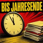 Tabloid-Illustration mit großer Uhr und Aktenstapel, Überschrift BIS JAHRESENDE.