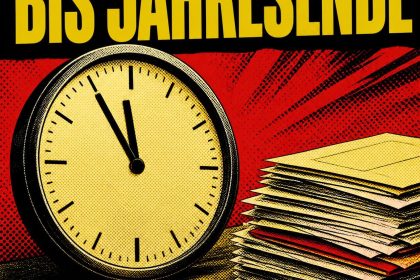 Tabloid-Illustration mit großer Uhr und Aktenstapel, Überschrift BIS JAHRESENDE.