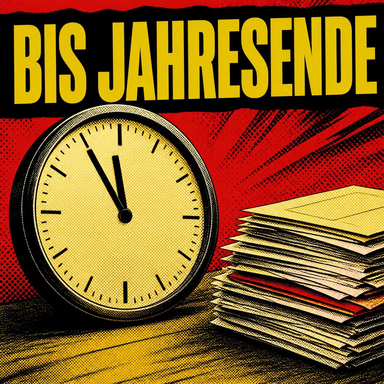 Tabloid-Illustration mit großer Uhr und Aktenstapel, Überschrift BIS JAHRESENDE.