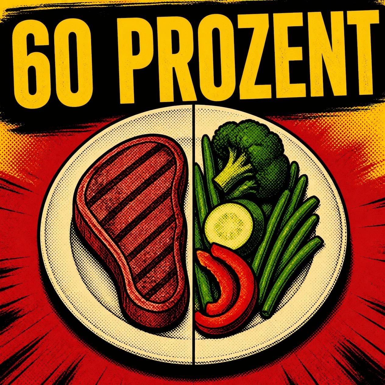 Tabloid-Illustration eines Tellers, halb Steak und halb Gemüse, Überschrift 60 PROZENT.