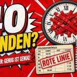 Comic-Illustration: Wanduhr mit rotem Klebeband verwickelt, Stempelkarte mit Stempel Rote Linie, Stapel Überstunden-Zettel, große Schrift 40 Stunden?
