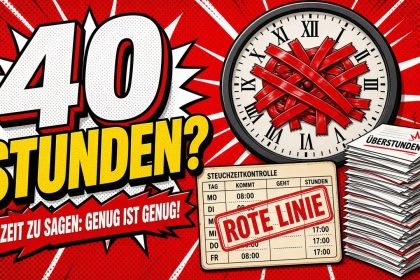 Comic-Illustration: Wanduhr mit rotem Klebeband verwickelt, Stempelkarte mit Stempel Rote Linie, Stapel Überstunden-Zettel, große Schrift 40 Stunden?