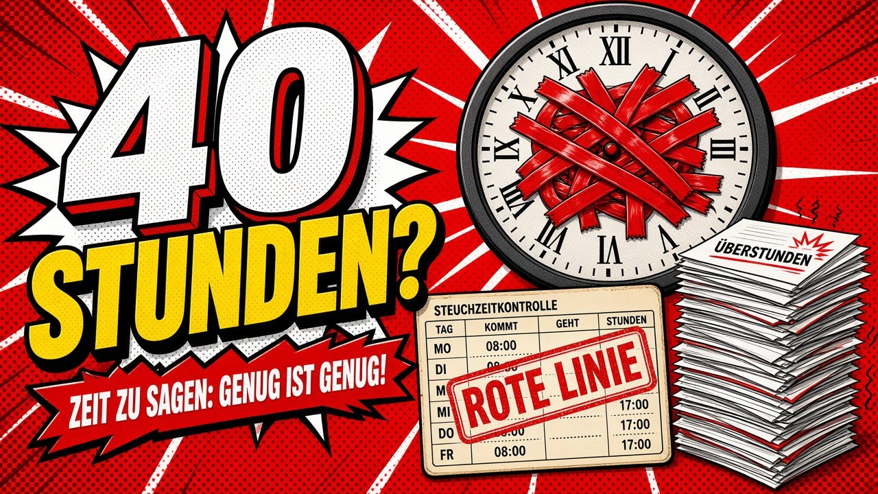 Comic-Illustration: Wanduhr mit rotem Klebeband verwickelt, Stempelkarte mit Stempel Rote Linie, Stapel Überstunden-Zettel, große Schrift 40 Stunden?