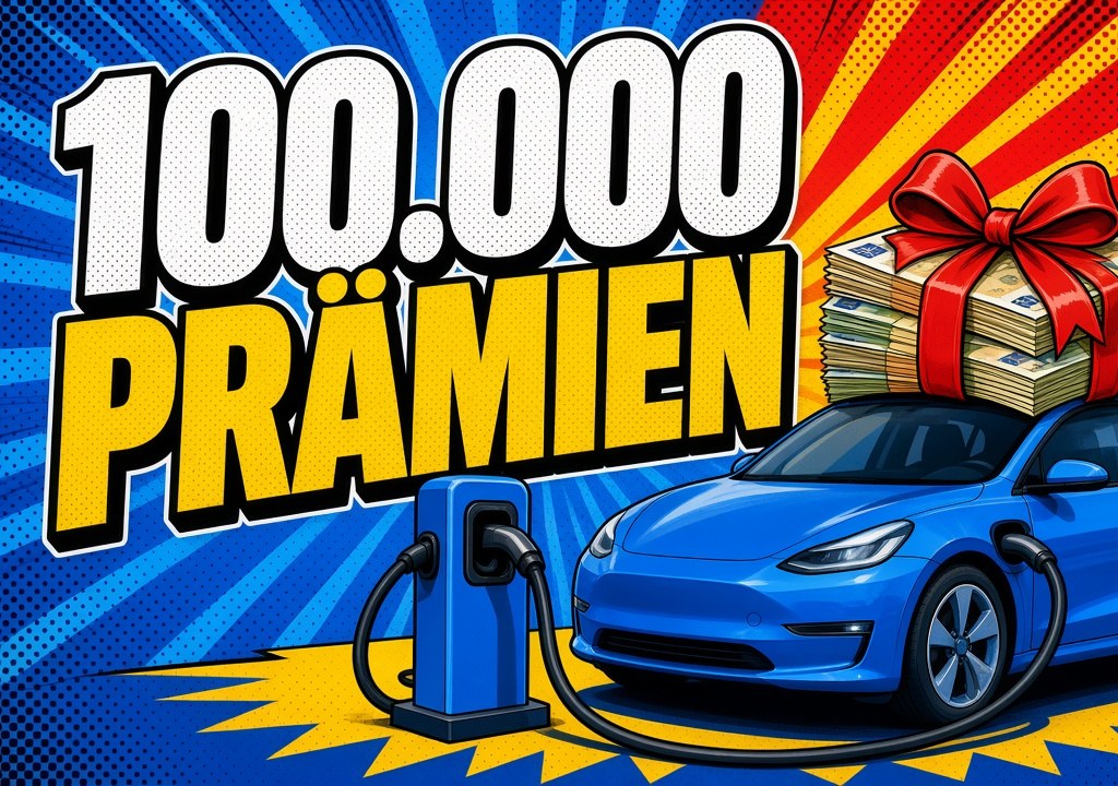 Comic-Illustration: blaues Elektroauto an einer Ladesäule, auf dem Dach ein Stapel Geldscheine mit roter Schleife, große Schrift 100.000 Prämien