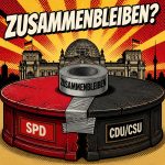 Illustration im Comicstil: ein gespaltener Tisch in Rot und Schwarz mit SPD und CDU/CSU, zusammengehalten von Klebeband mit der Aufschrift Zusammenbleiben, dahinter der Reichstag