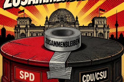Illustration im Comicstil: ein gespaltener Tisch in Rot und Schwarz mit SPD und CDU/CSU, zusammengehalten von Klebeband mit der Aufschrift Zusammenbleiben, dahinter der Reichstag