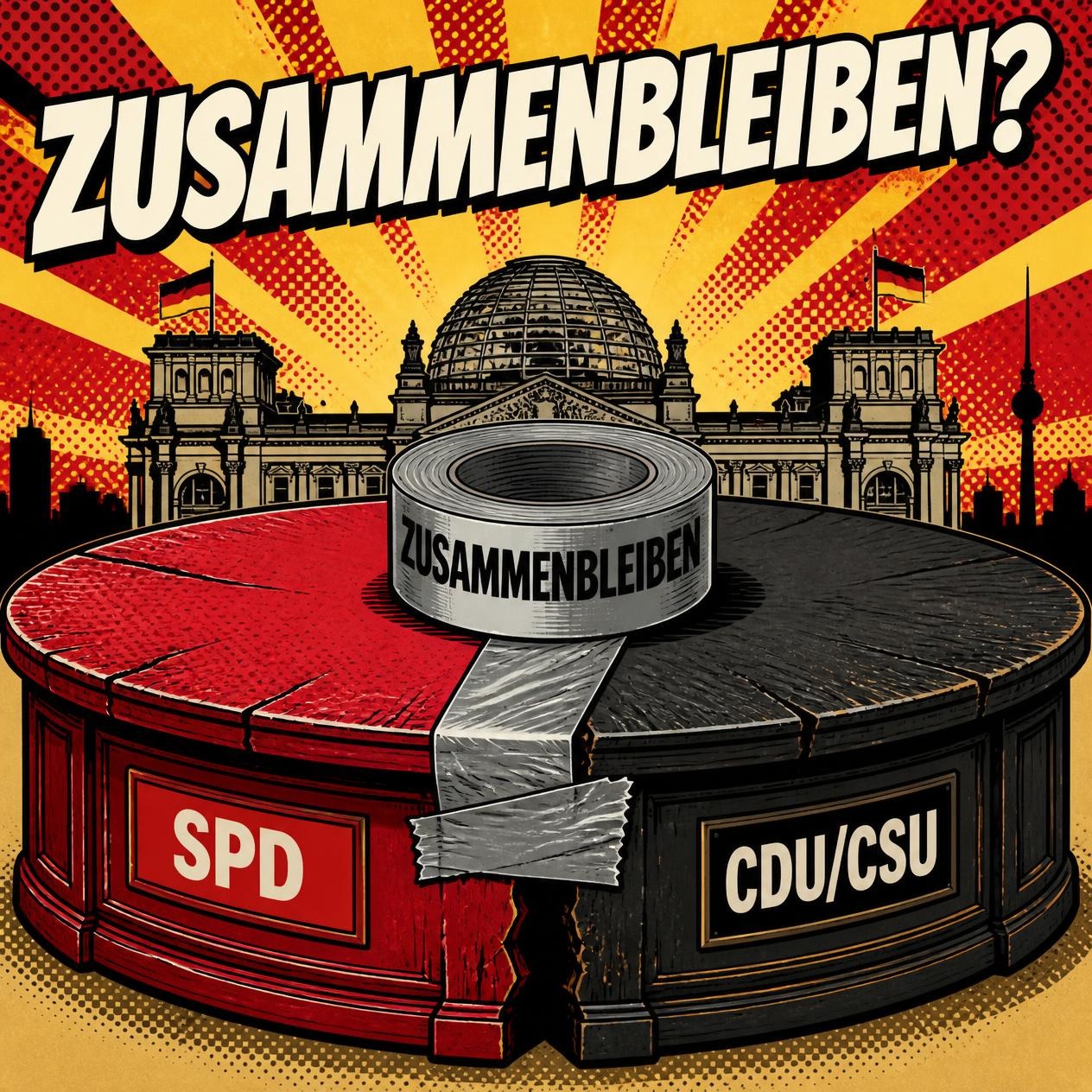 Illustration im Comicstil: ein gespaltener Tisch in Rot und Schwarz mit SPD und CDU/CSU, zusammengehalten von Klebeband mit der Aufschrift Zusammenbleiben, dahinter der Reichstag