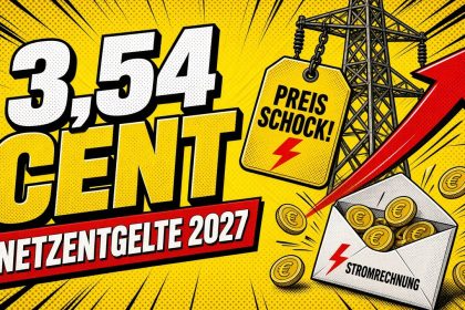 Comic-Illustration: Strommast mit Preisschild Preisschock, roter Pfeil nach oben, Münzen fallen aus einer Stromrechnung, große Schrift 3,54 Cent Netzentgelte 2027
