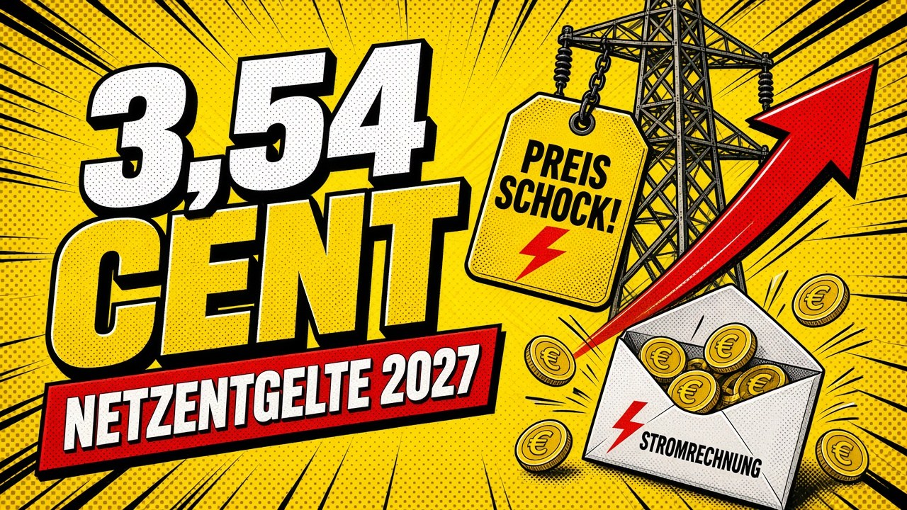 Comic-Illustration: Strommast mit Preisschild Preisschock, roter Pfeil nach oben, Münzen fallen aus einer Stromrechnung, große Schrift 3,54 Cent Netzentgelte 2027