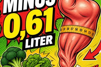 Comic-Illustration: ein Oberschenkelmuskel mit Maßband entweicht wie ein Ballon, daneben Brokkoli und Zucchini, große Schrift Minus 0,61 Liter