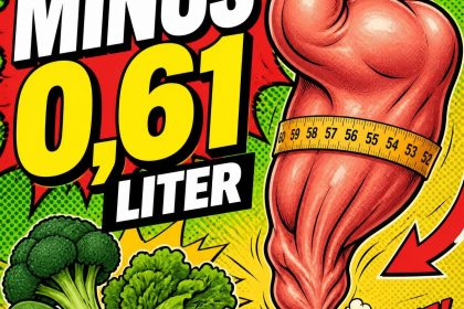 Comic-Illustration: ein Oberschenkelmuskel mit Maßband entweicht wie ein Ballon, daneben Brokkoli und Zucchini, große Schrift Minus 0,61 Liter
