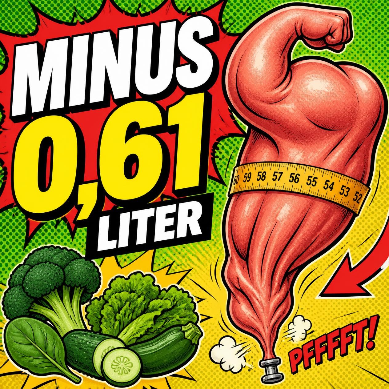 Comic-Illustration: ein Oberschenkelmuskel mit Maßband entweicht wie ein Ballon, daneben Brokkoli und Zucchini, große Schrift Minus 0,61 Liter